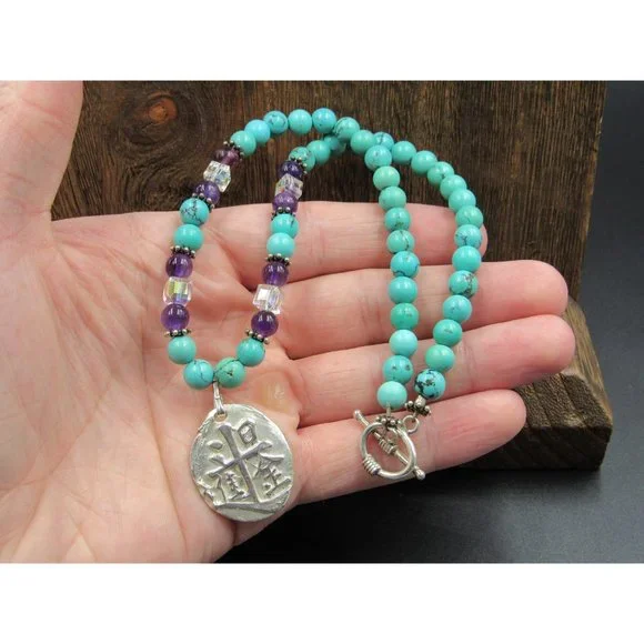 16" Sterling Silver Stone And Amethyst Asian Characters Pendant Necklace - Picture 3 of 7